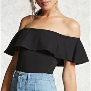 Black Ruffle Off The Shoulder Bodysuit